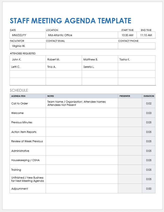 Meeting Agenda Excel Template