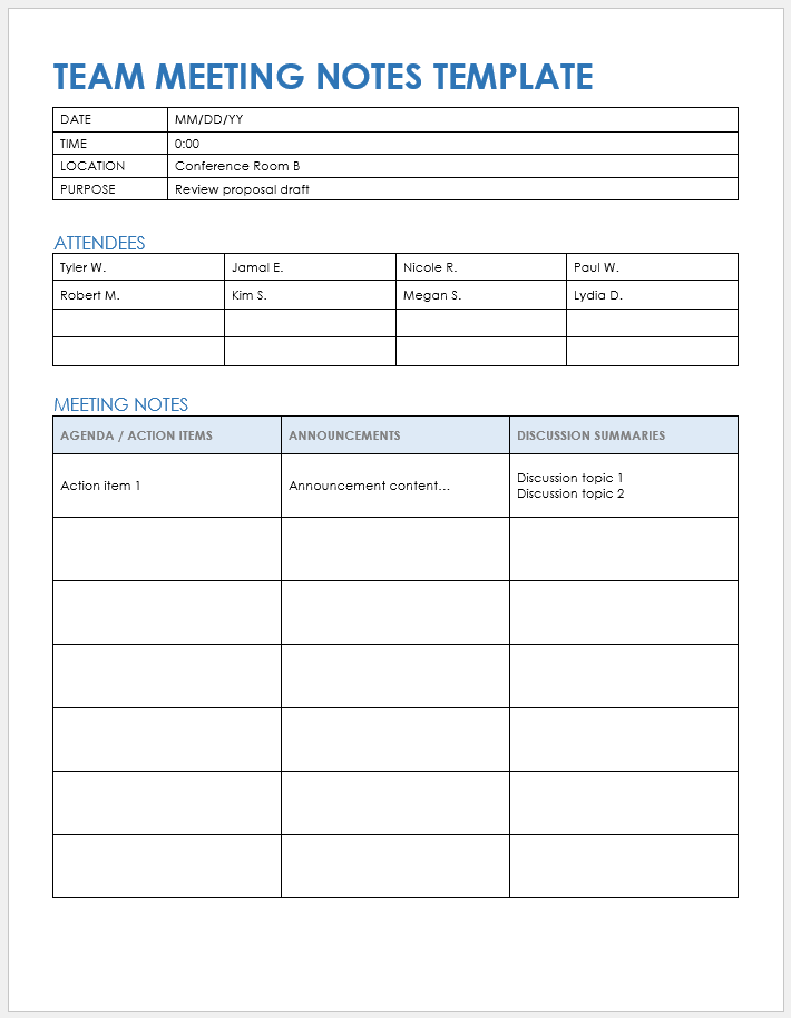 meeting minute template excel