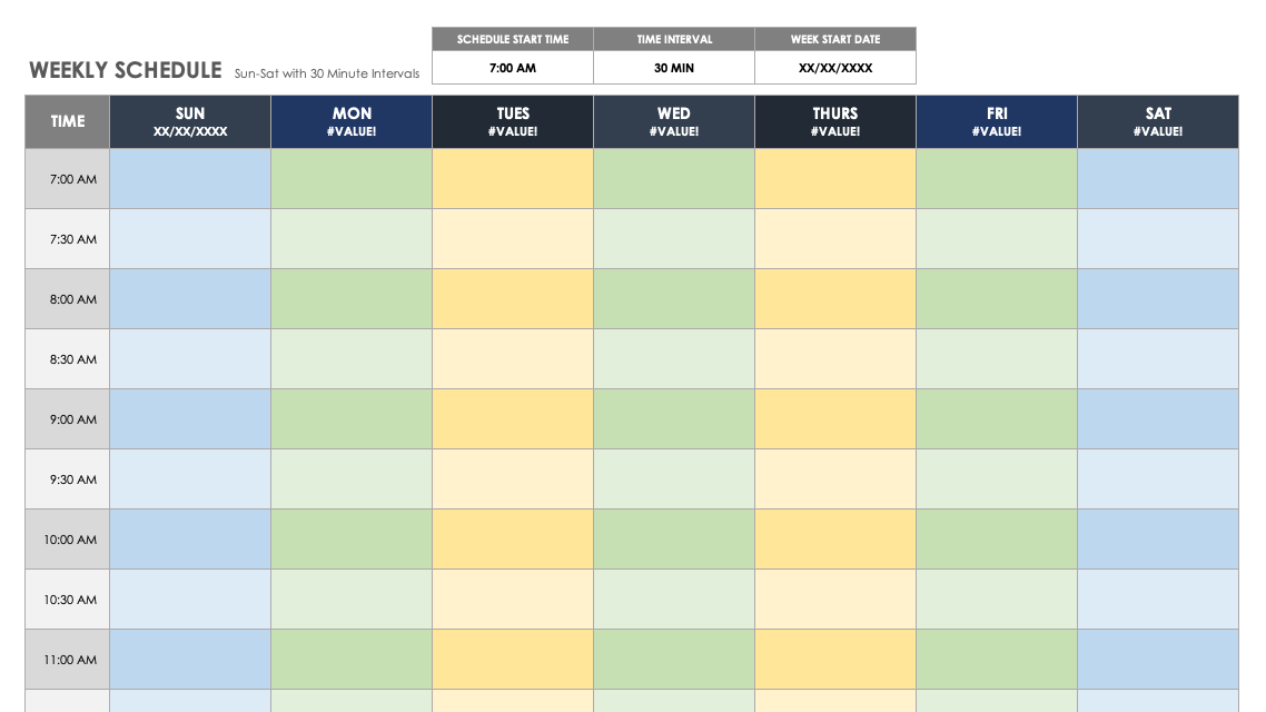 Weekly Planner: 30 minute intervals – Learning Center