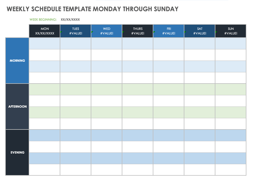 weekly schedule template monday friday