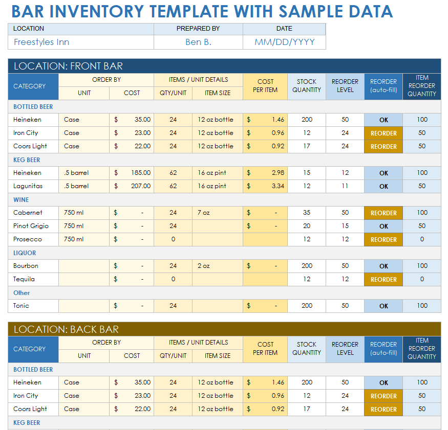 Bar Inventory Templates Free Of Bar Inventory Sheet T 4323