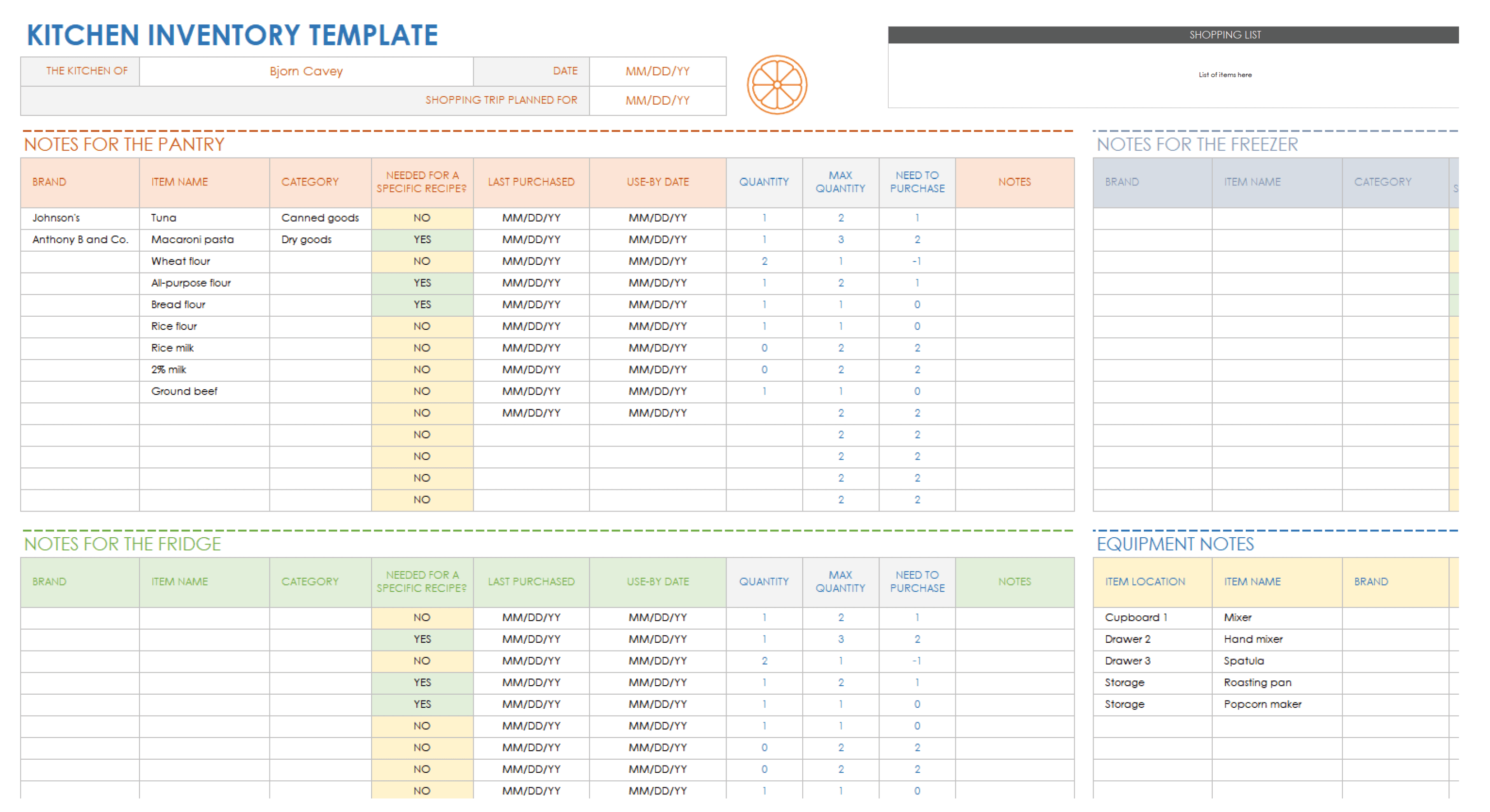 home food inventory template excel