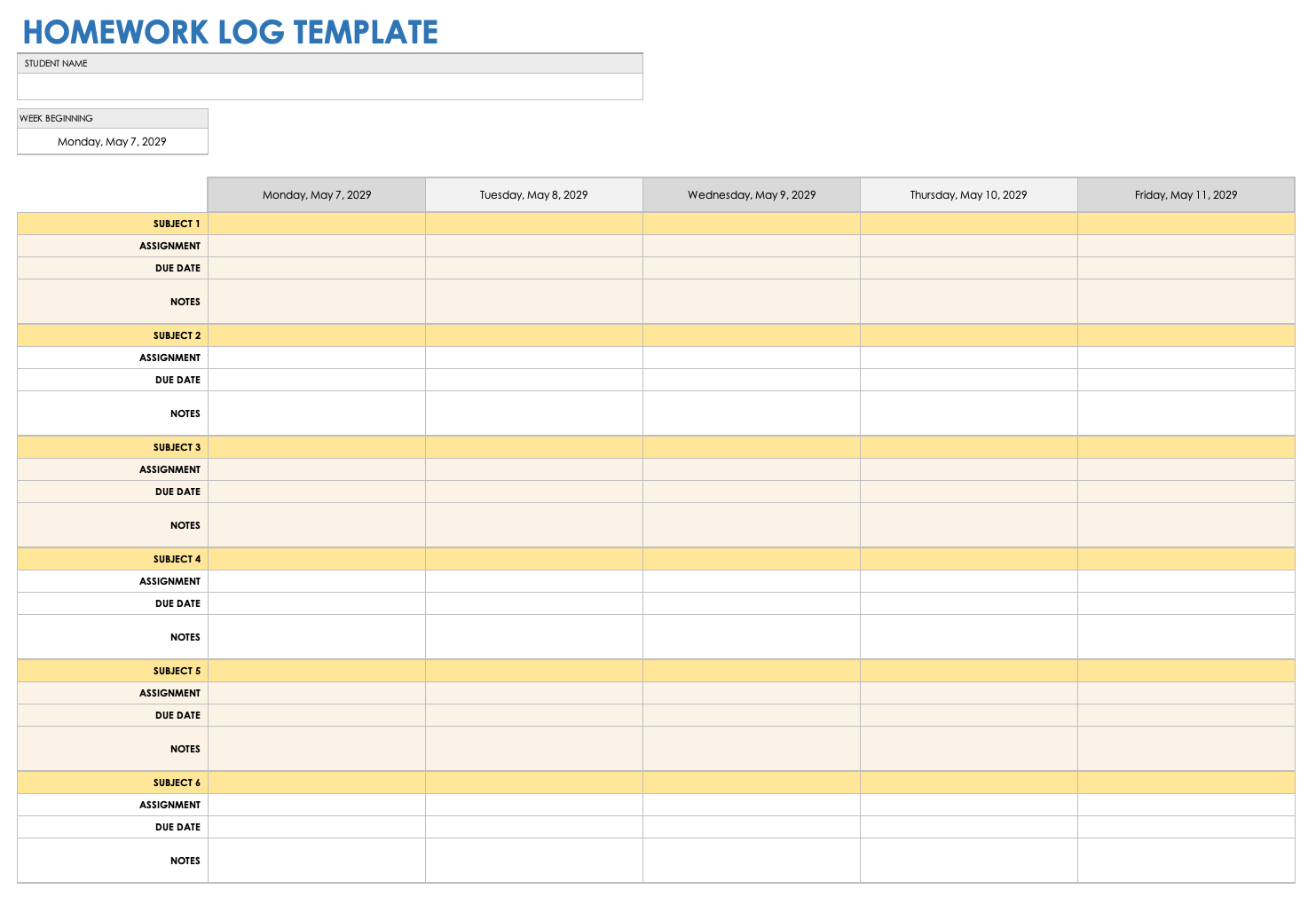 homework log template excel