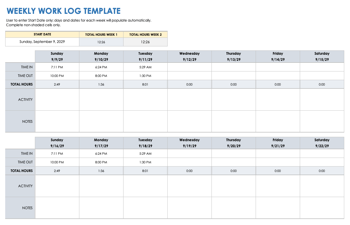 Free Work Log Templates with How To Examples Smartsheet