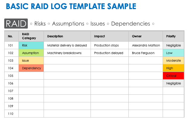 RAID Log Excel Template for Project Management