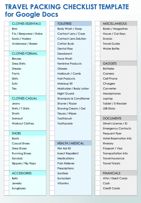 Travel Packing Checklist Free Google Sheets & Excel Template 