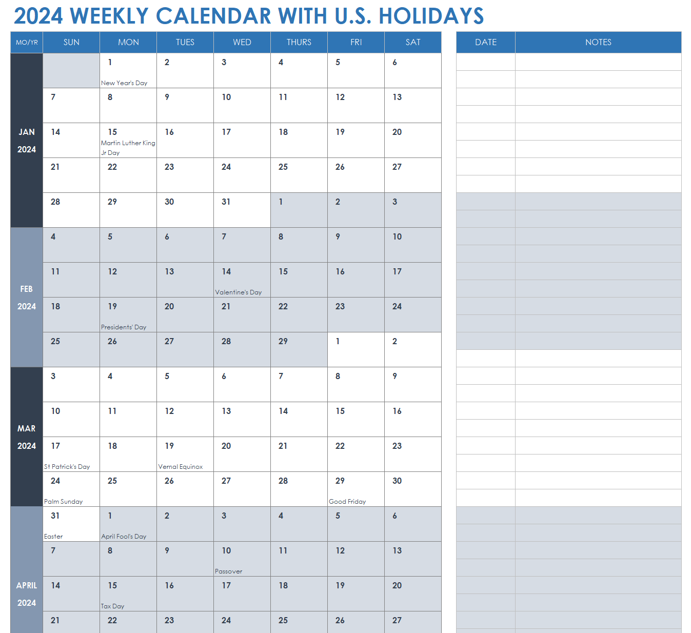 2024 Us Holiday Calendar Printable Excel Elke Nicoli