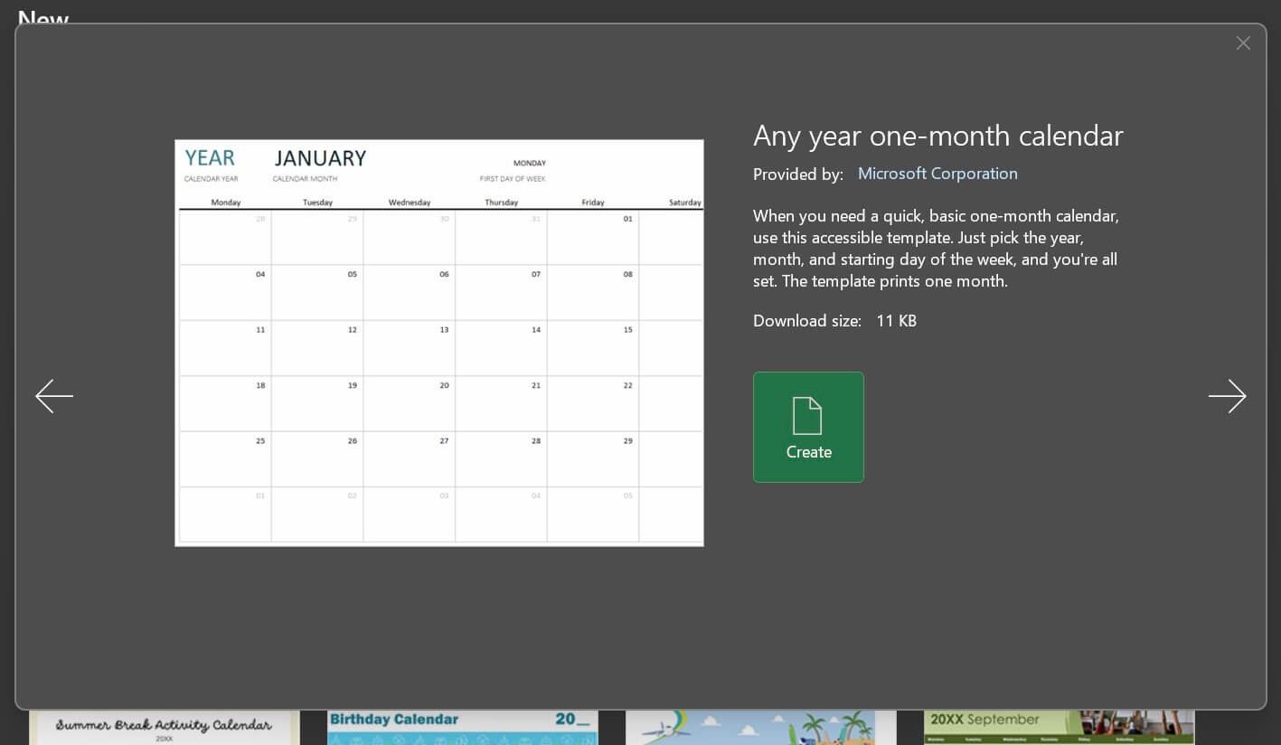 Make Excel Calendar scroll template choices PC