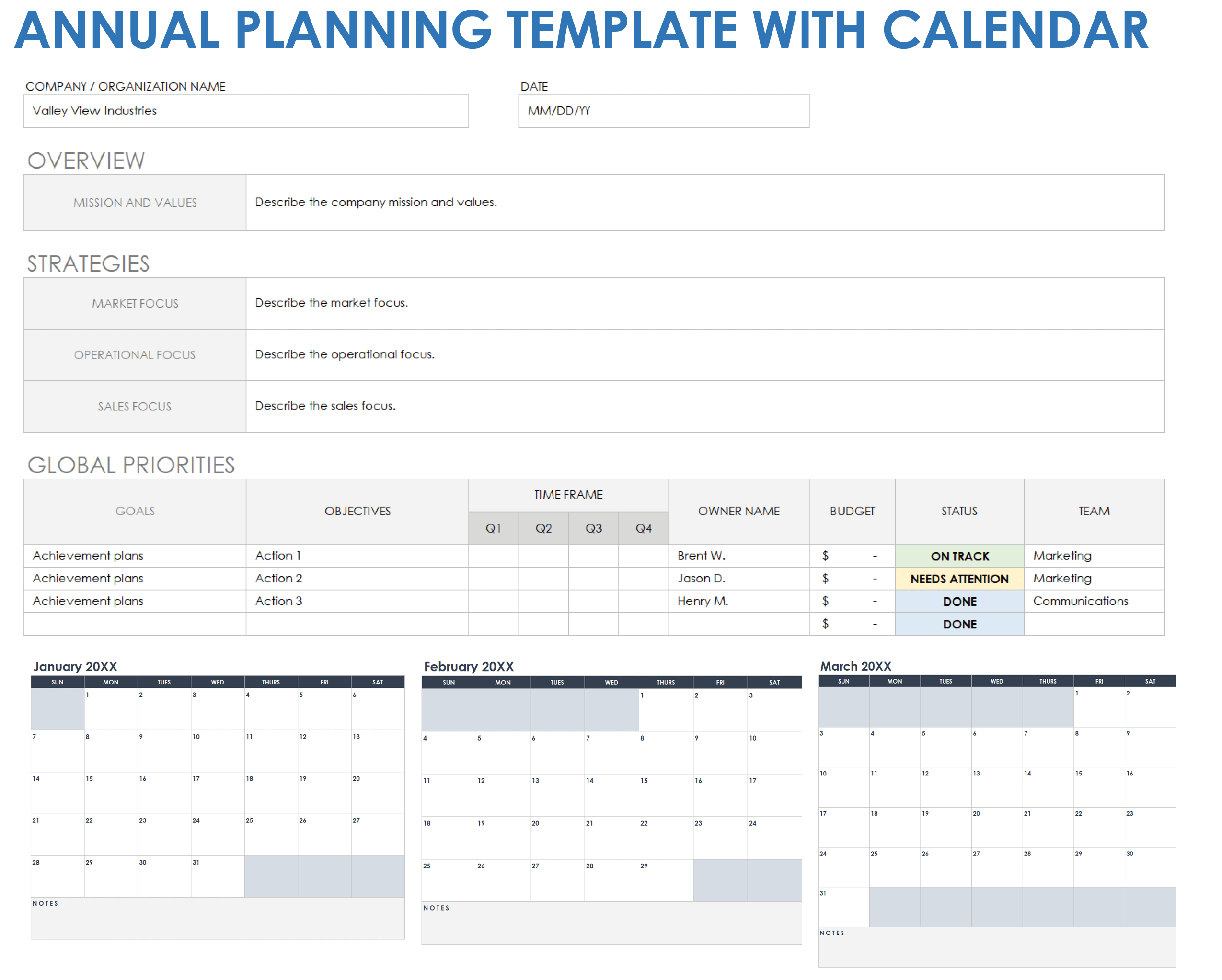 Annual Planning Template with Calendar