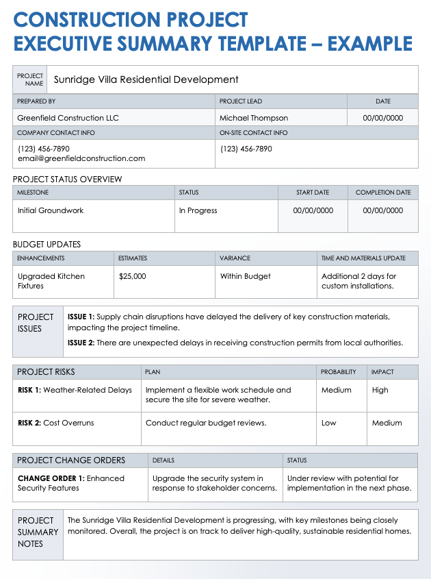 Construction Project Executive Summary Example Template