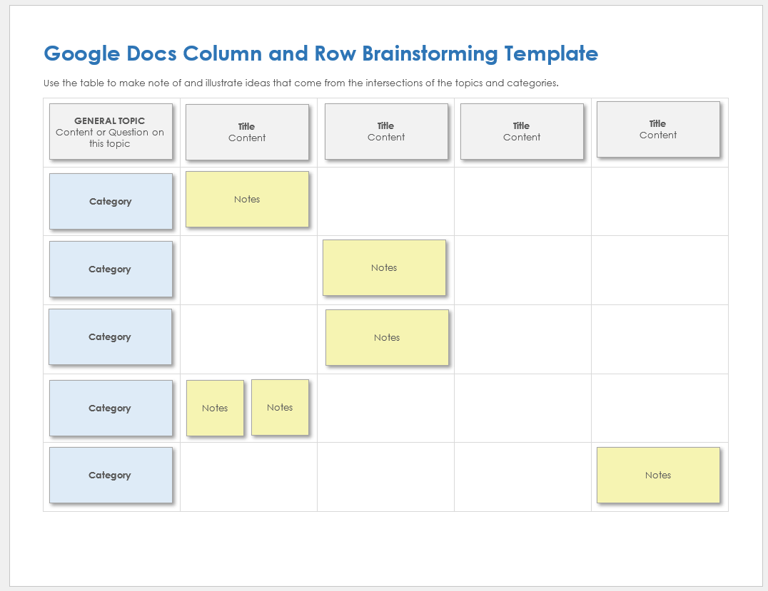 Google Docs Column and Row Brainstorming Template