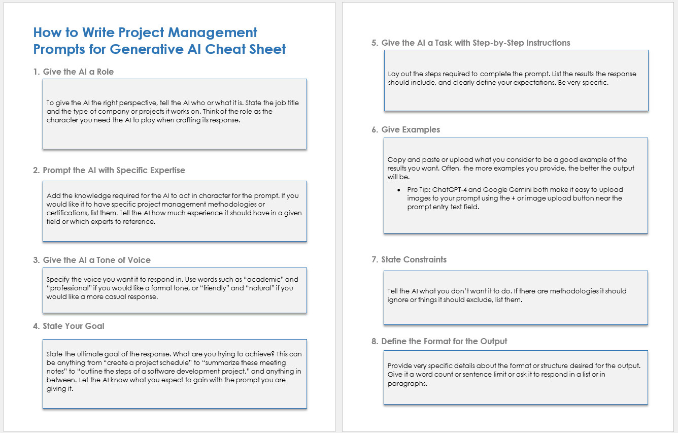 How to Write Project Management Prompts for Generative AI Cheat Sheet