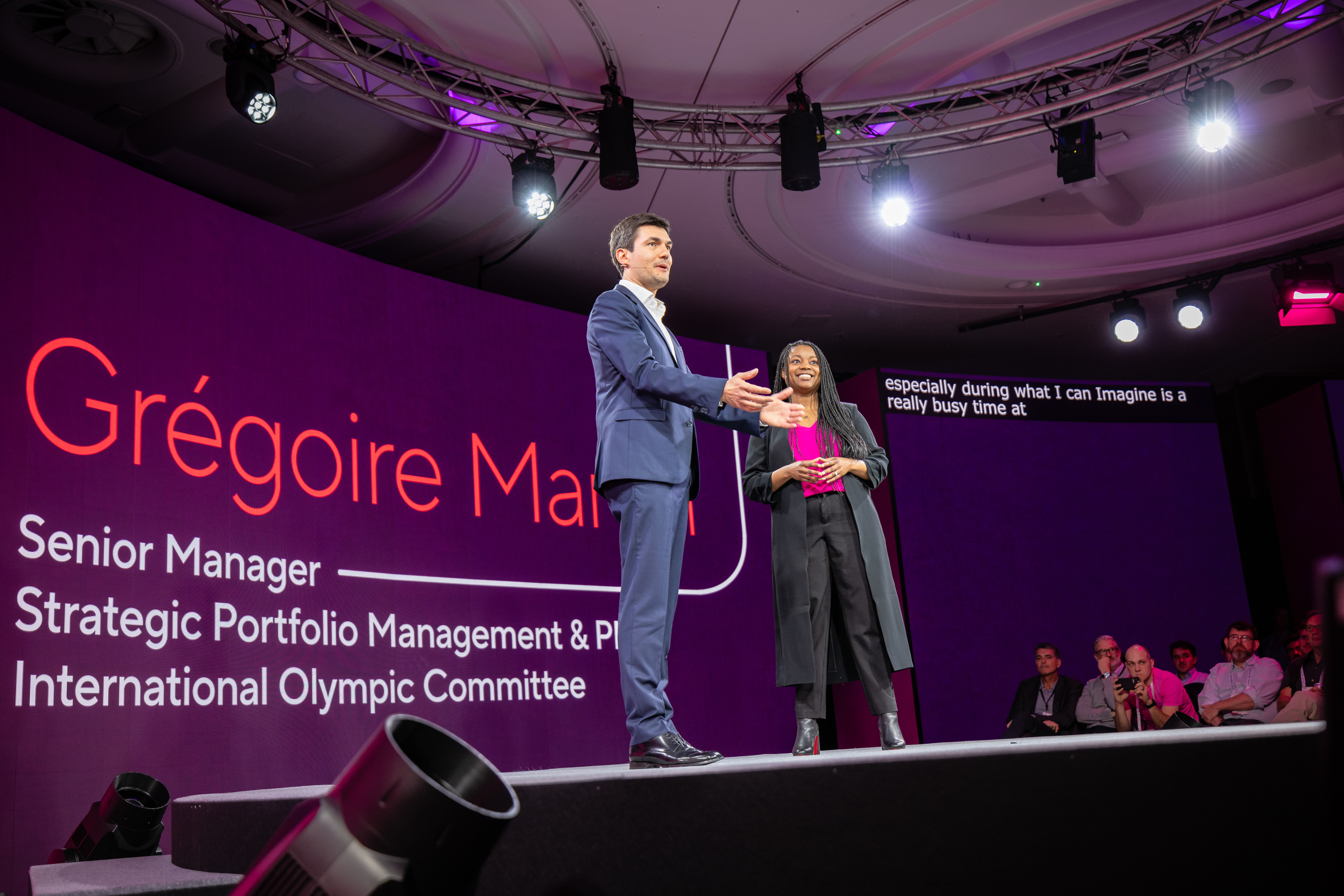 Smartsheet VP of Product Management Miya McClain and Gregóire Martin, Senior Manager, Strategic Portfolio Management & PMO at the International Olympic Committee, took the stage at Smartsheet ENGAGE in London.