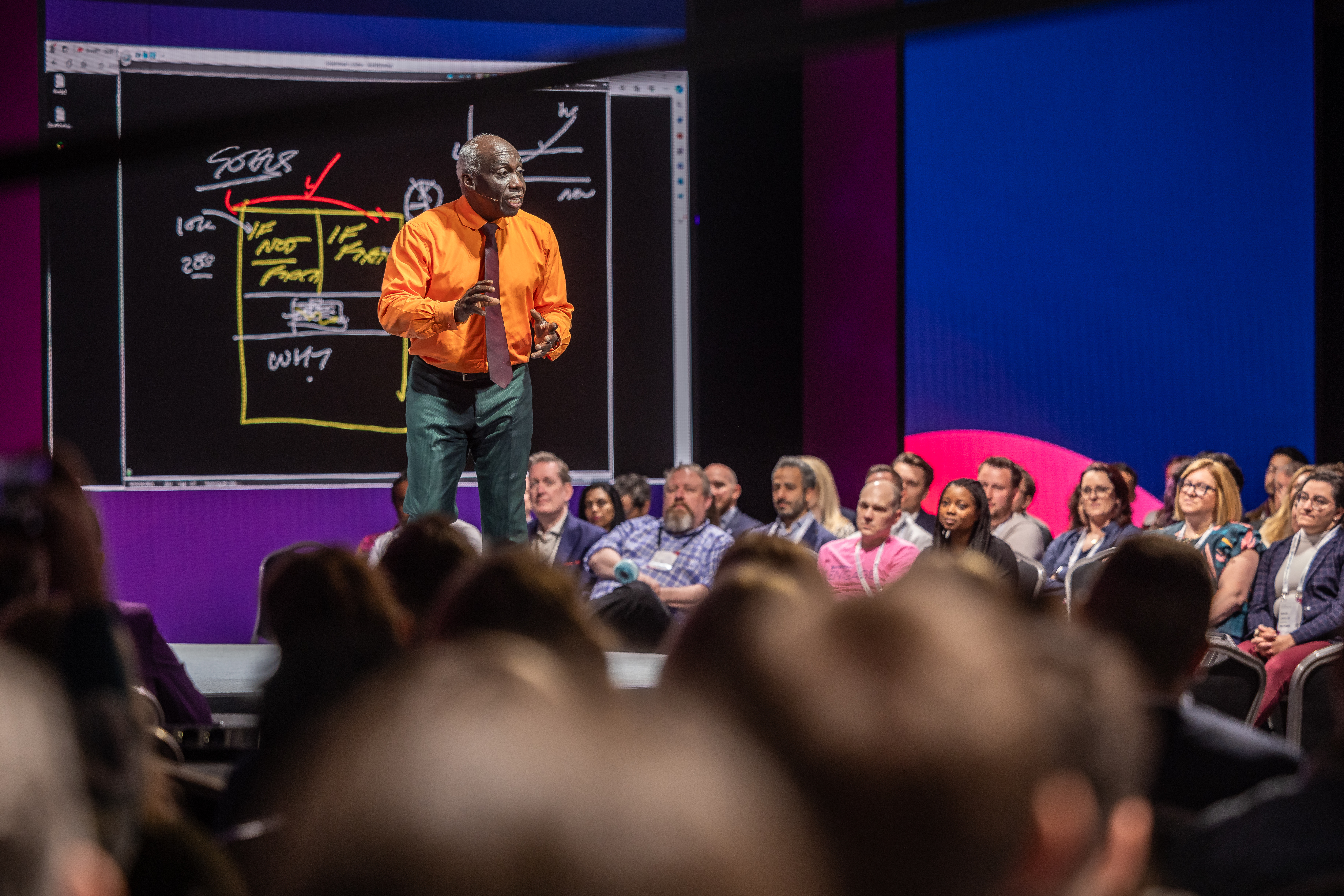 Pentacle Business School Learning Director and CEO Eddie Obeng, PhD, MBA, delivers a keynote address on stage during Smartsheet ENGAGE in London.