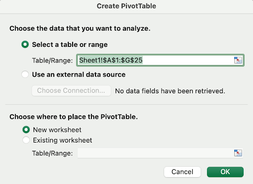 Excel Pivot Table Create PivotTable Popup