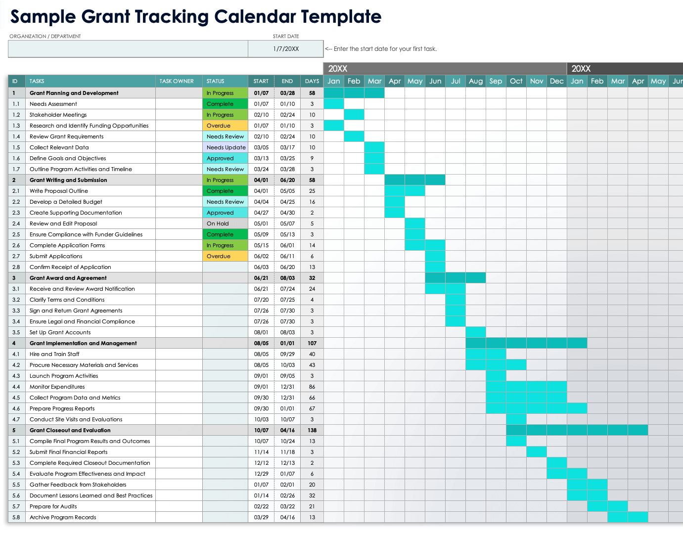 Grant tracking calendar template