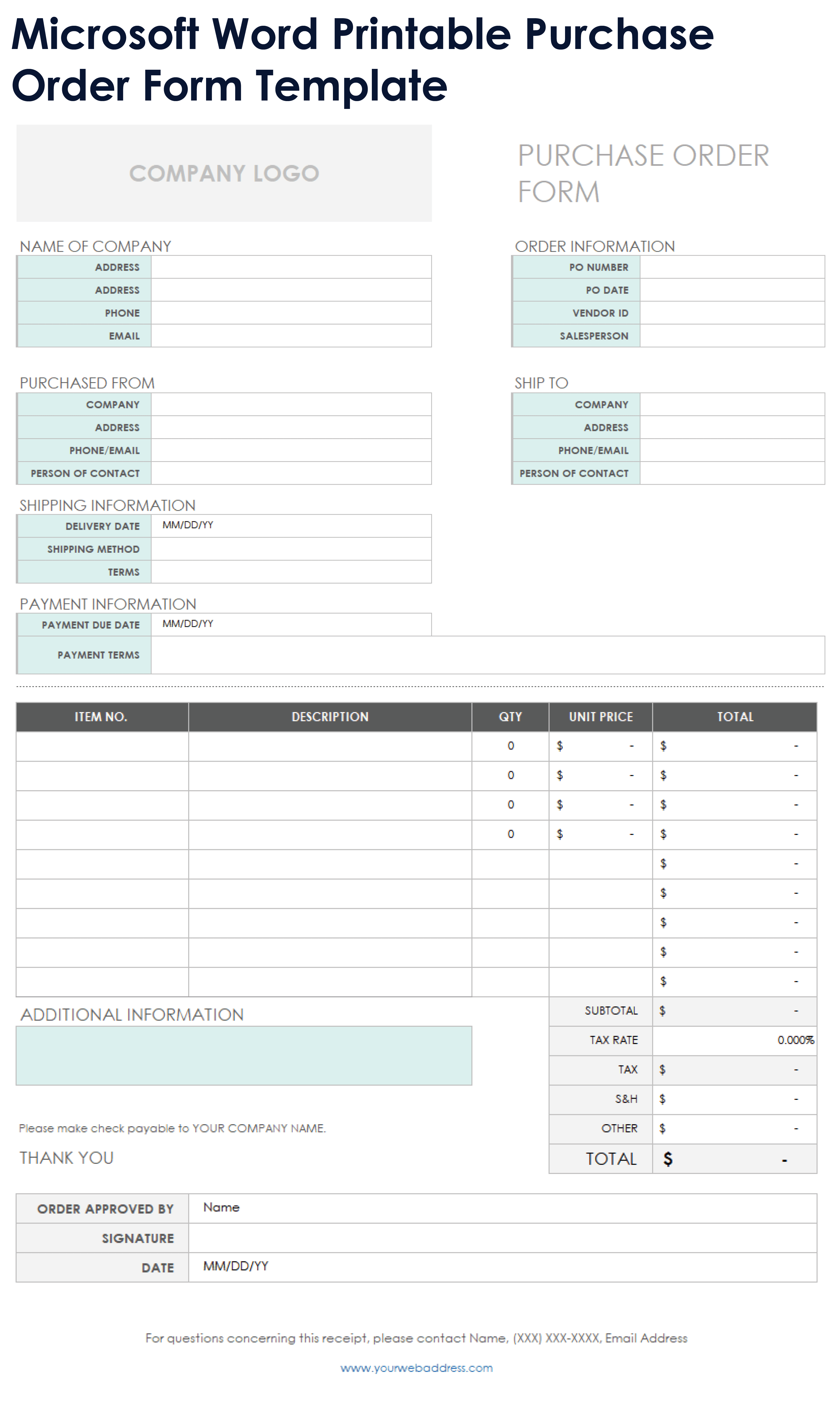 Microsoft Word Printable Purchase Order Form Template