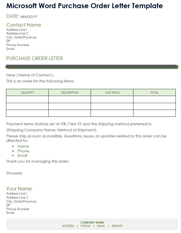 Microsoft Word Purchase Order Letter Template