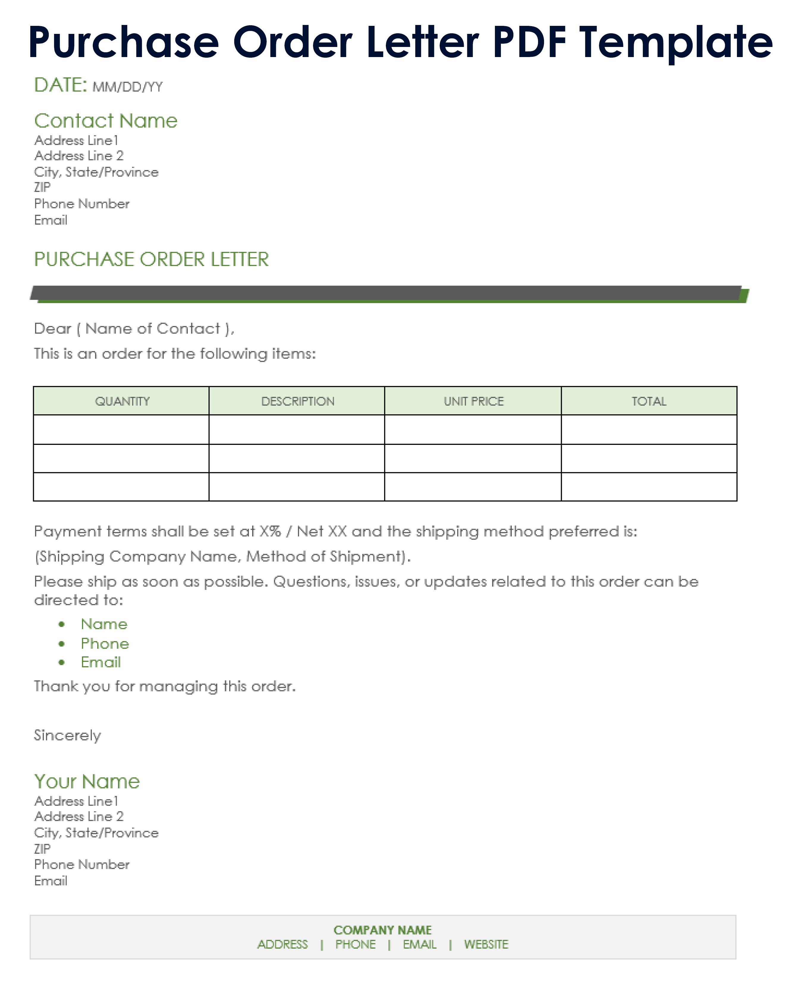 Purchase Order Letter Template