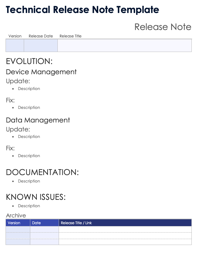 Technical Release Note Template