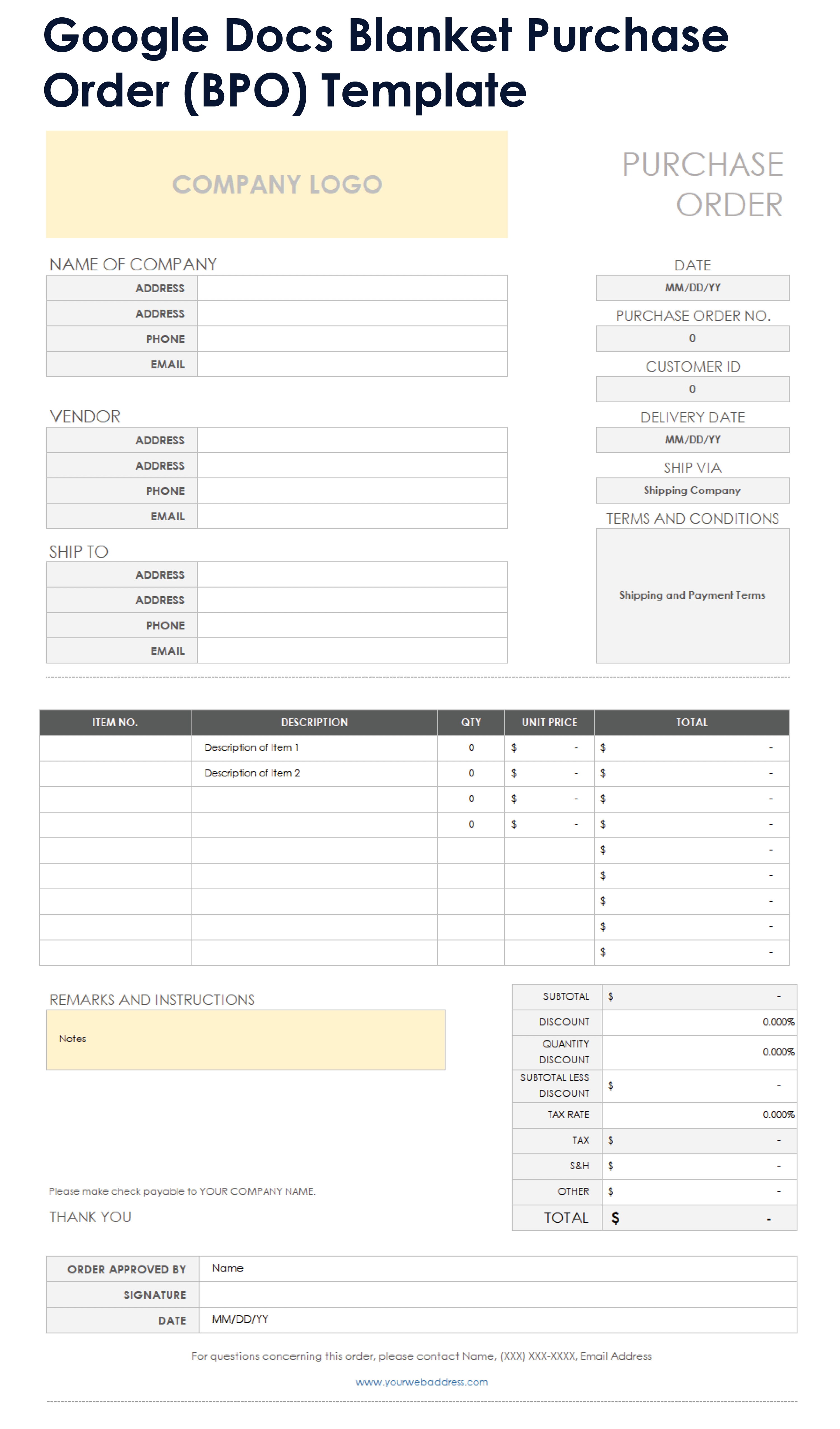 Google Docs Blanket Purchase Order BPO Template