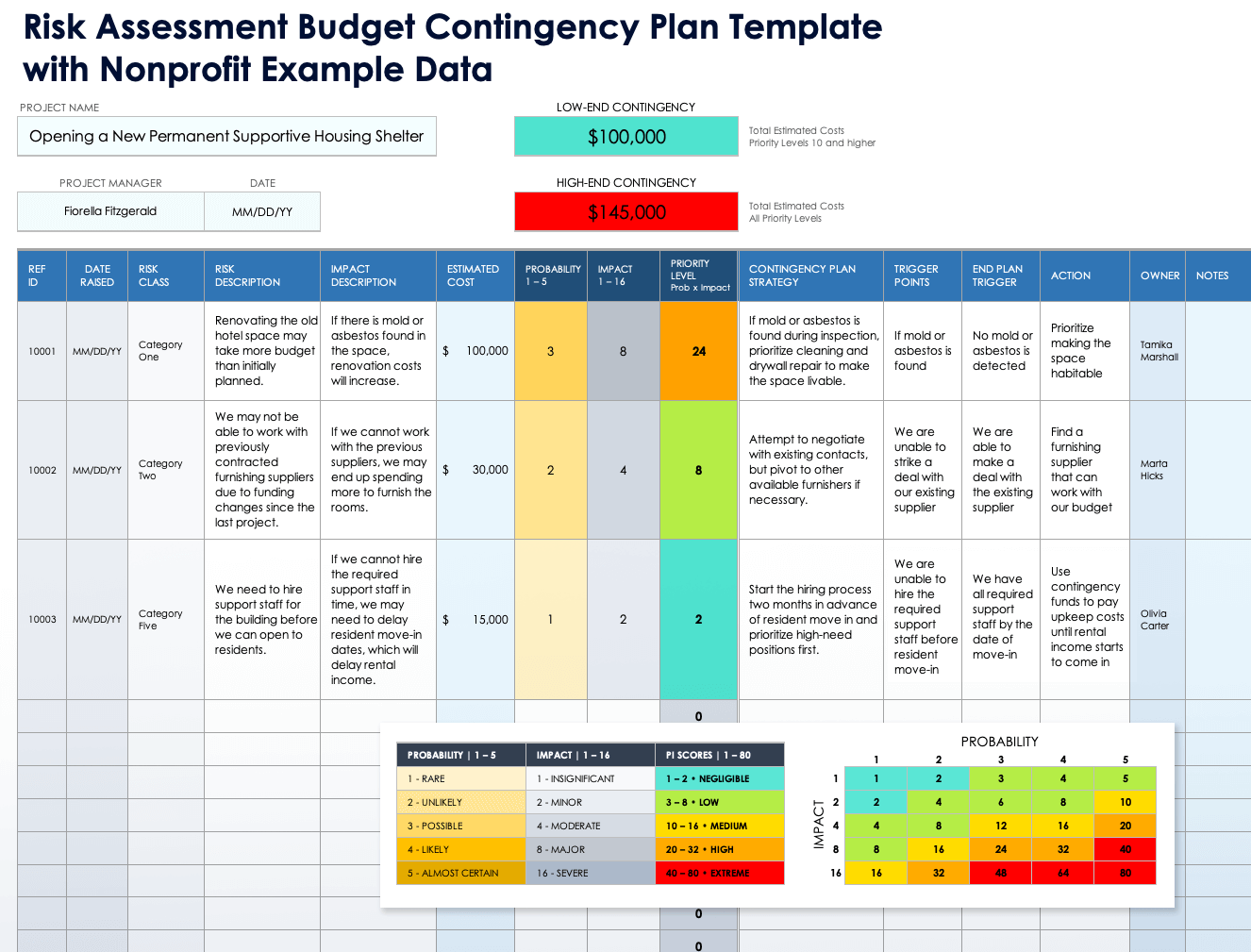 Risk Assessment Budget Contingency Plan Template with Nonprofit Example Data