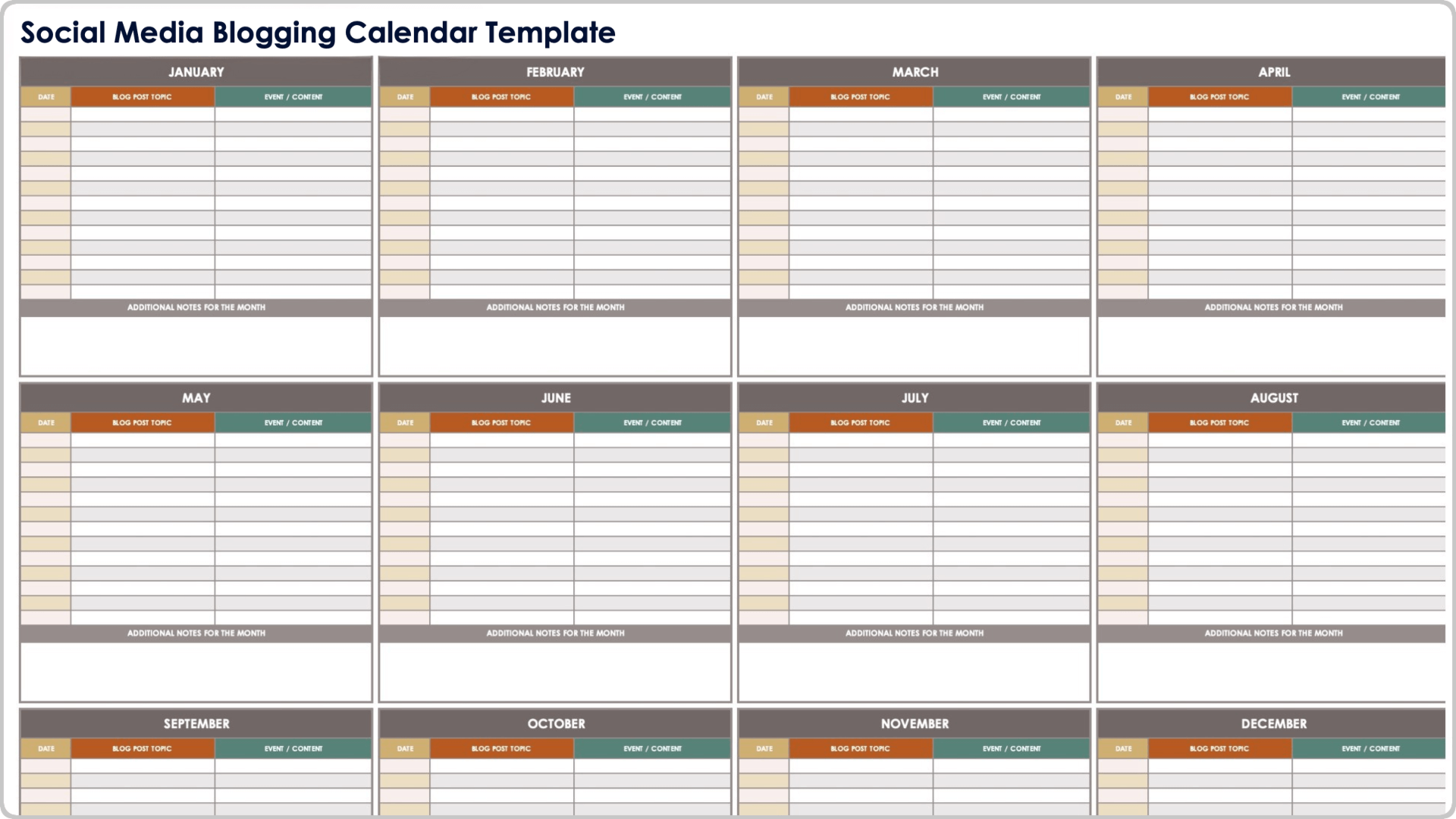 Social Media Blogging Calendar Template