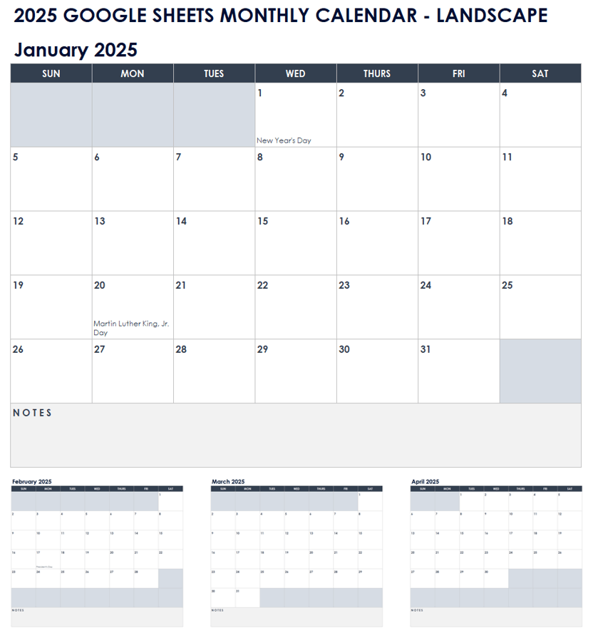 2025 Google Sheets Monthly Calendar Landscape