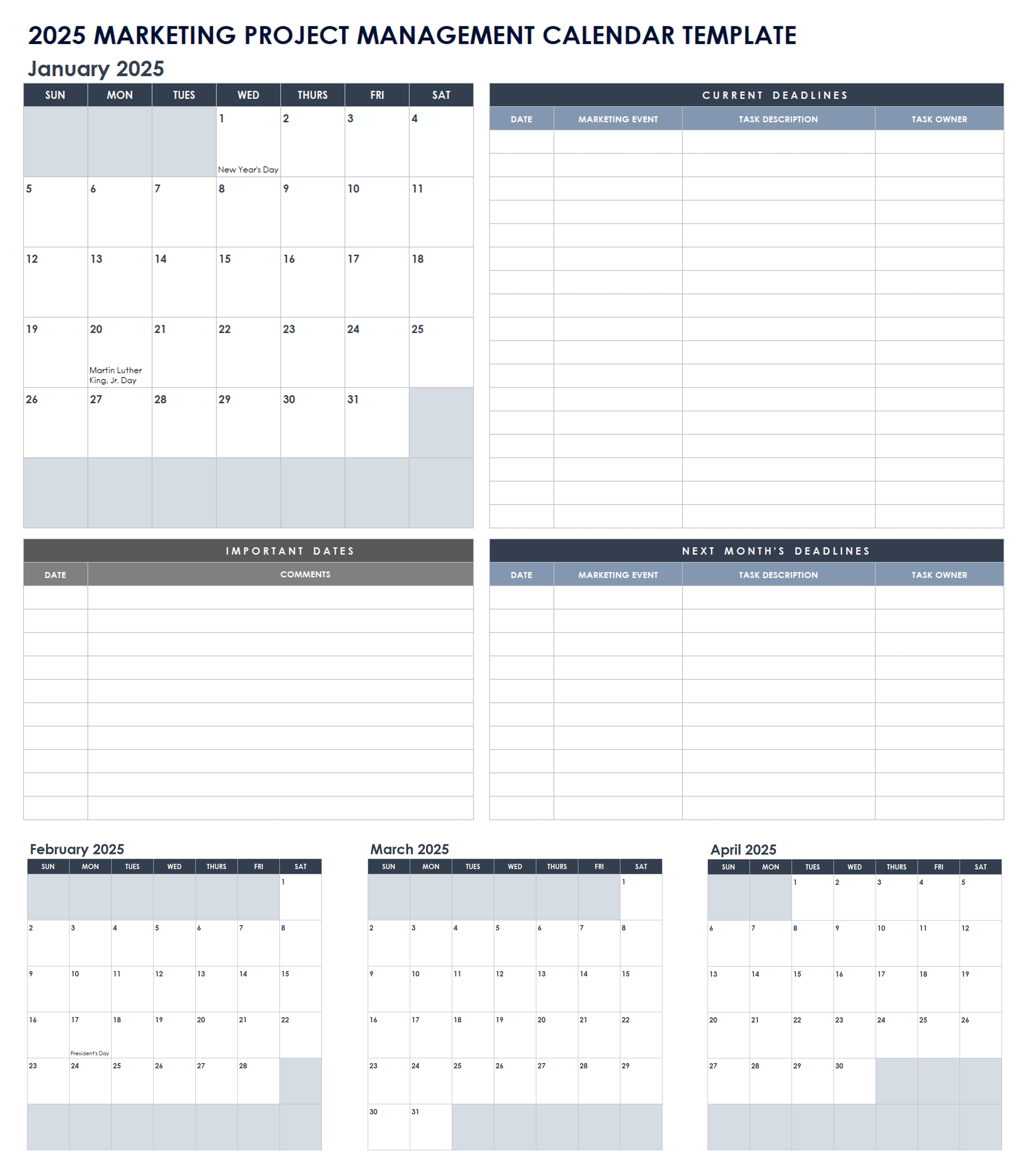 2025 Marketing Project Management Calendar Template