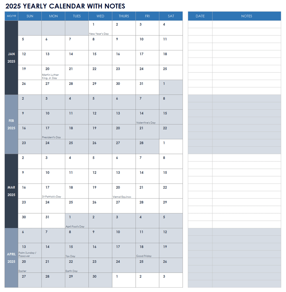 2025 Yearly Calendar with Notes