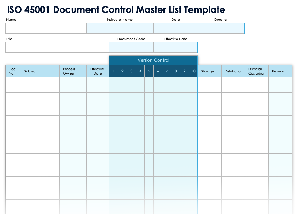 ISO 45001 Document Control Master List Template