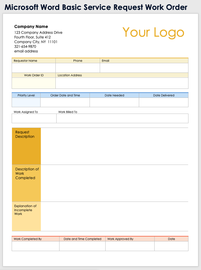 Microsoft Word Basic Service Request Work Order Template