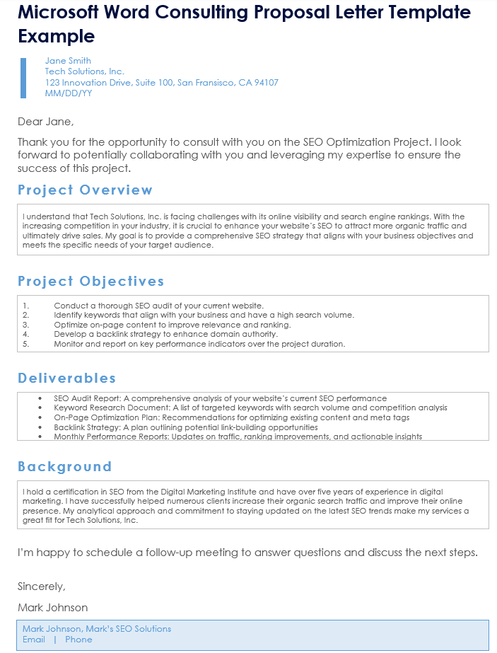 Microsoft Word Consulting Proposal Letter Template Example