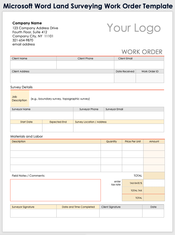 Microsoft Word Land Surveying Work Order Template