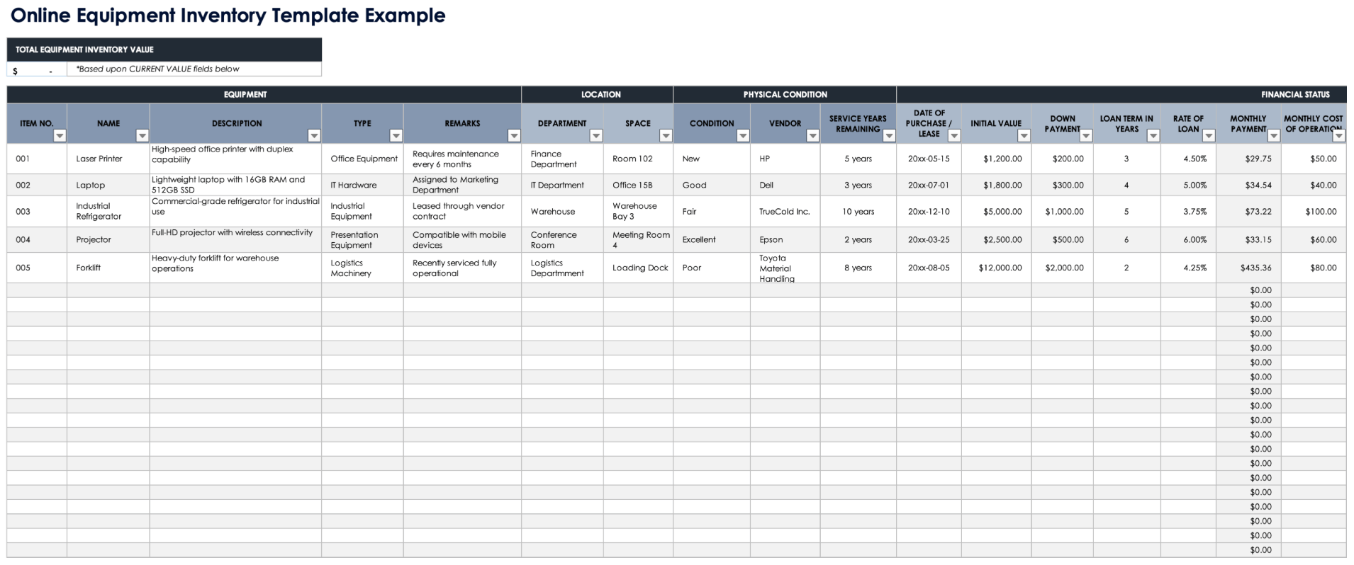 Online Equipment Inventory Template Example