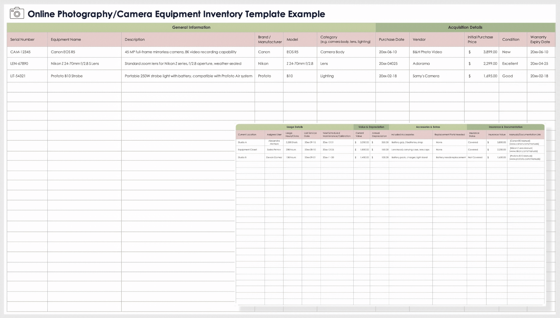 Online Photography Camera Equipment Inventory Template Example