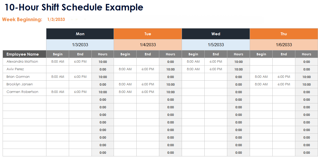 10-Hour Shift Schedule Template