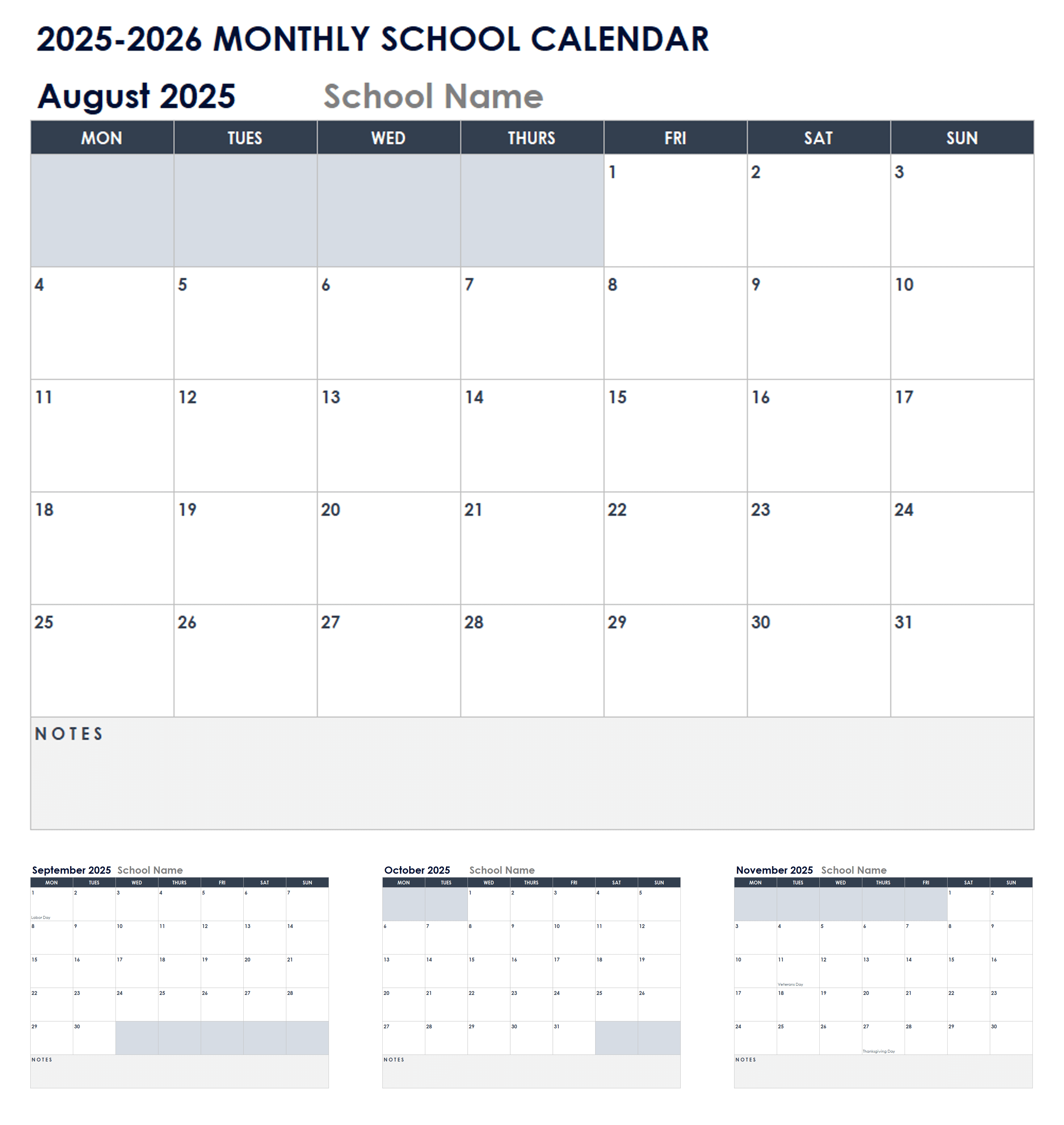 2025-2026 Monthly School Calendar Template