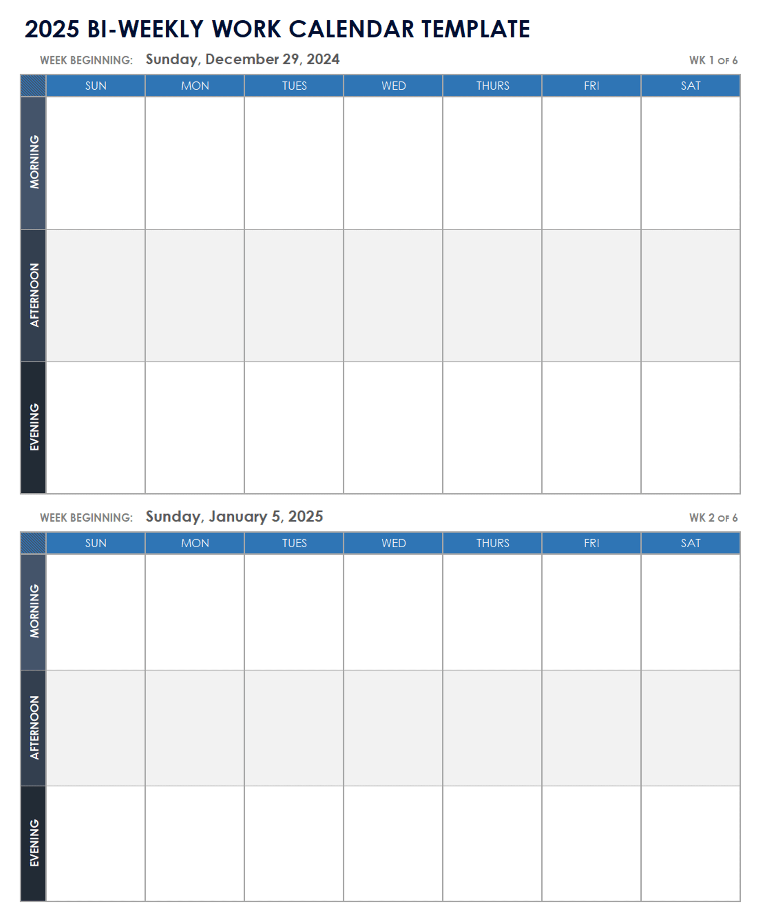 Bi-weekly Work Calendar Template