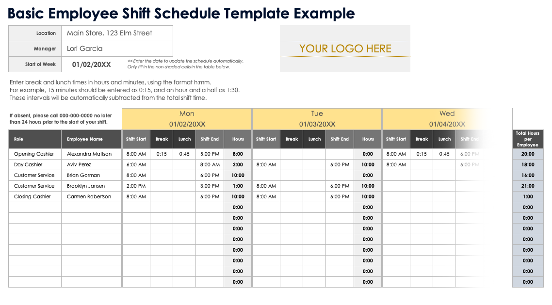 Basic Employee Shift Schedule Template