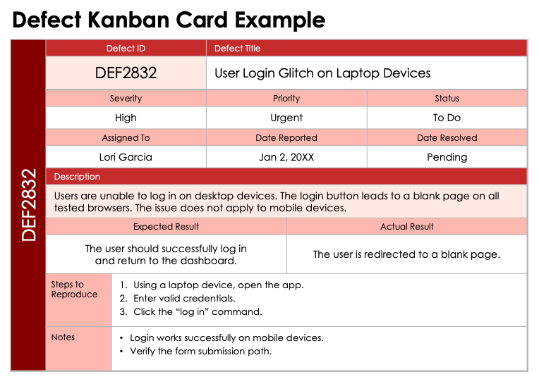 Defect Kanban Card Example