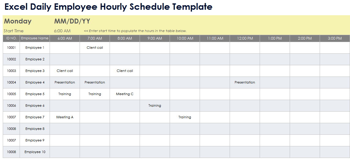 Daily Employee Hourly Schedule Template