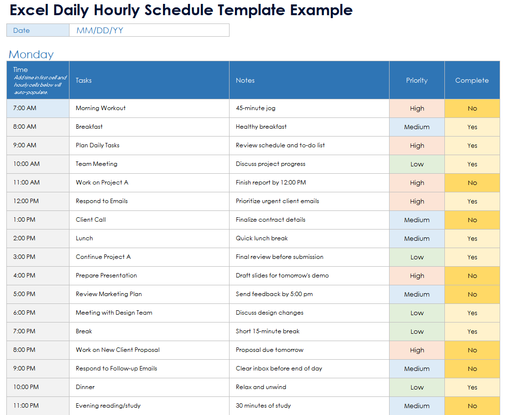 Daily Hourly Schedule Template