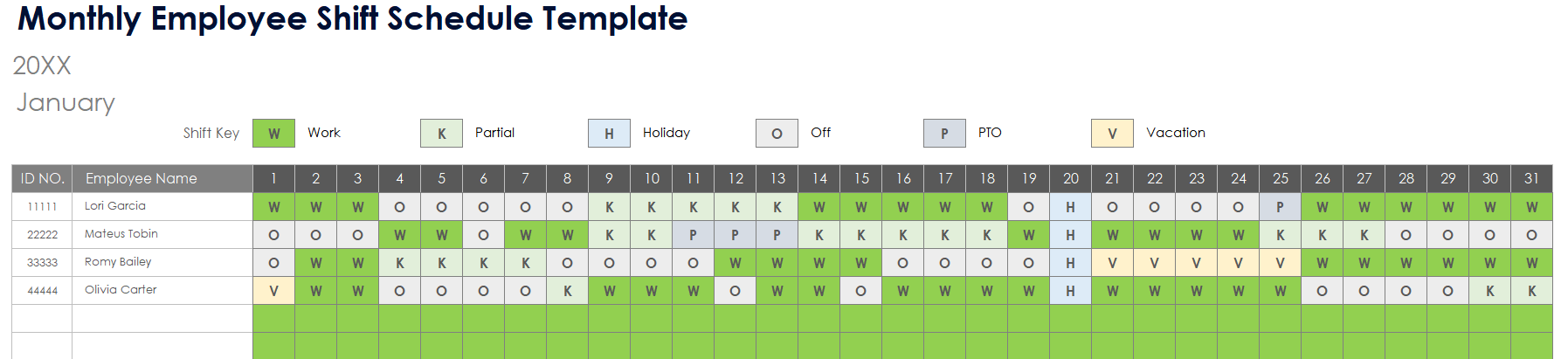 Monthly Employee Shift Schedule Template