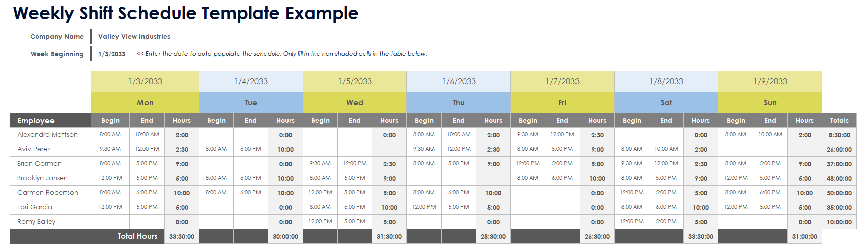 Weekly Shift Schedule Template