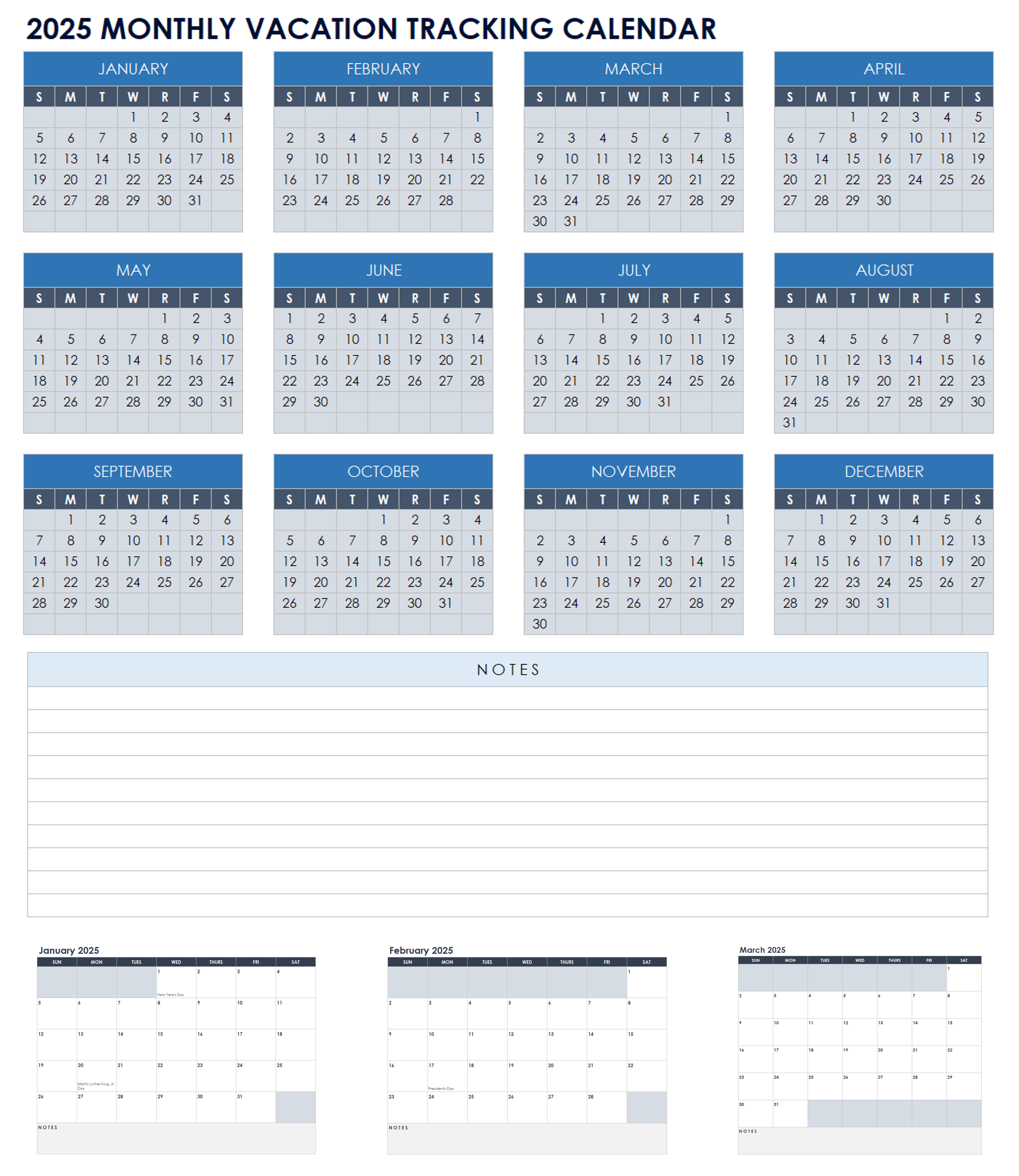 2025 Monthly Vacation Tracking Calendar