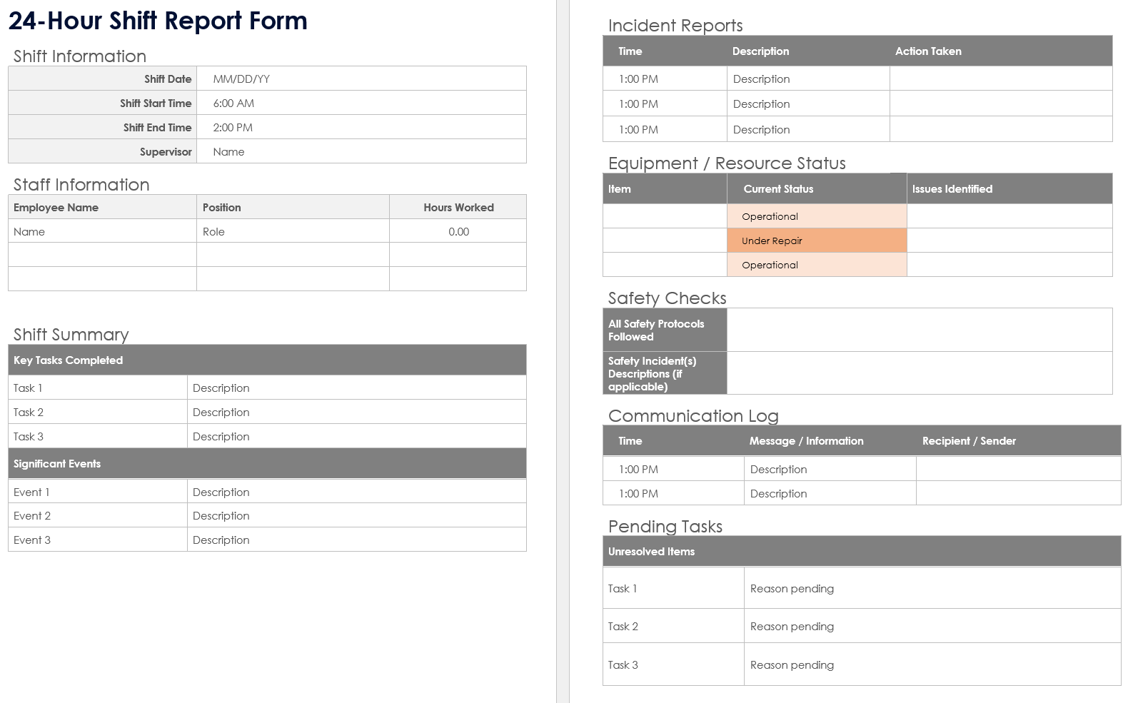 24 Hour Shift Report Form