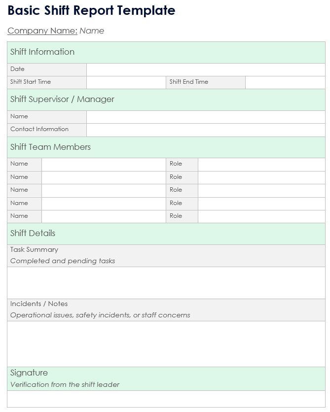 Basic Shift Report Template