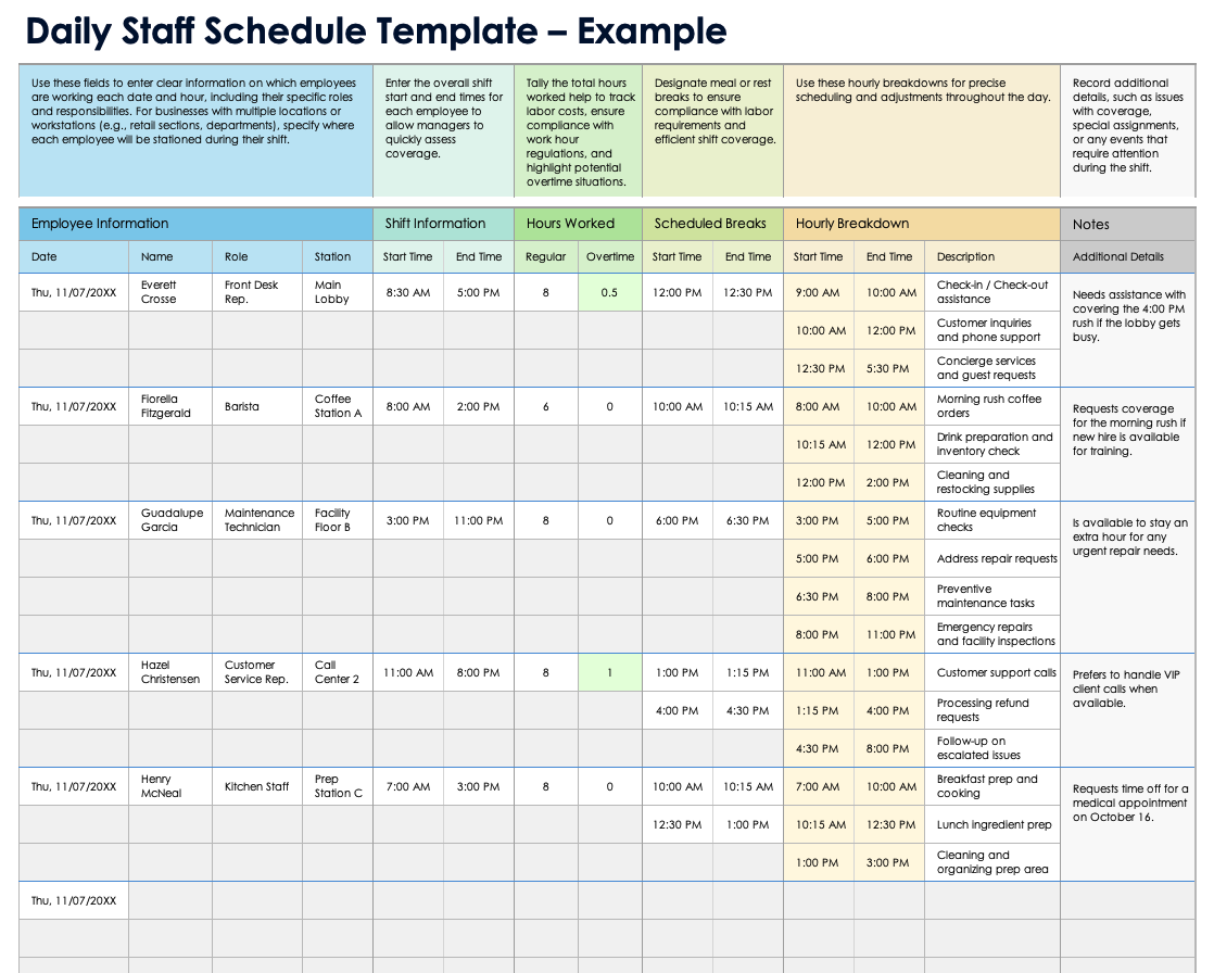 Daily Staff Schedule Template Example