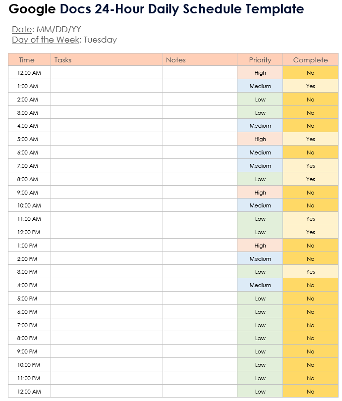 Google Docs 24 Hour Daily Schedule Template